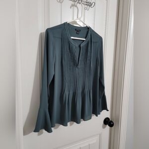 Ann Taylor Teal Bell Sleeve Blouse with Pleated Front, XS